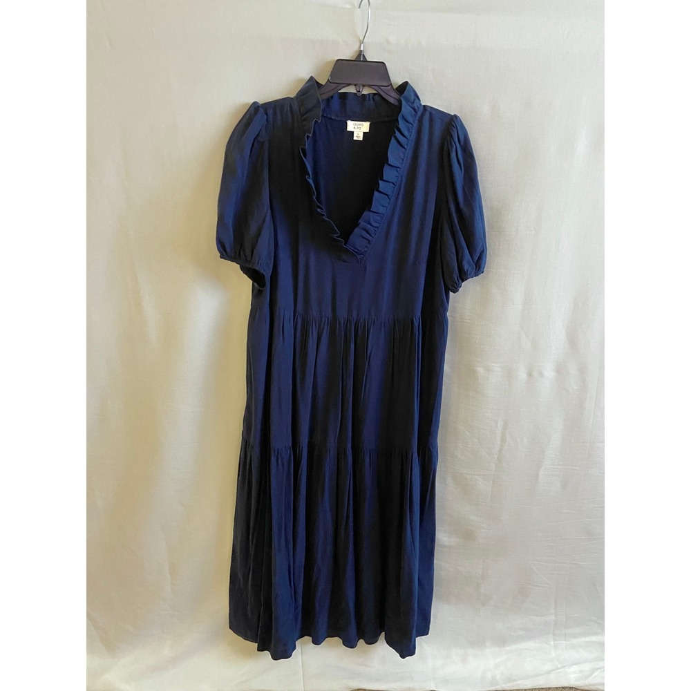 Crown & Ivy Dress Womens L Navy Blue Tiered Ruffle Neck Puff Sleeve Tencel Midi